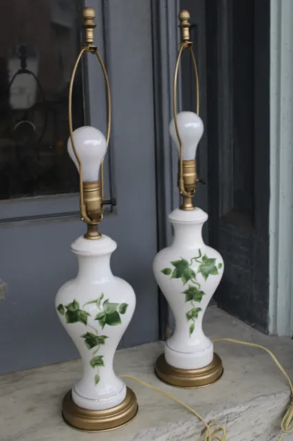 Pair Vintage White Glass Lamps with Ivy Pretty!