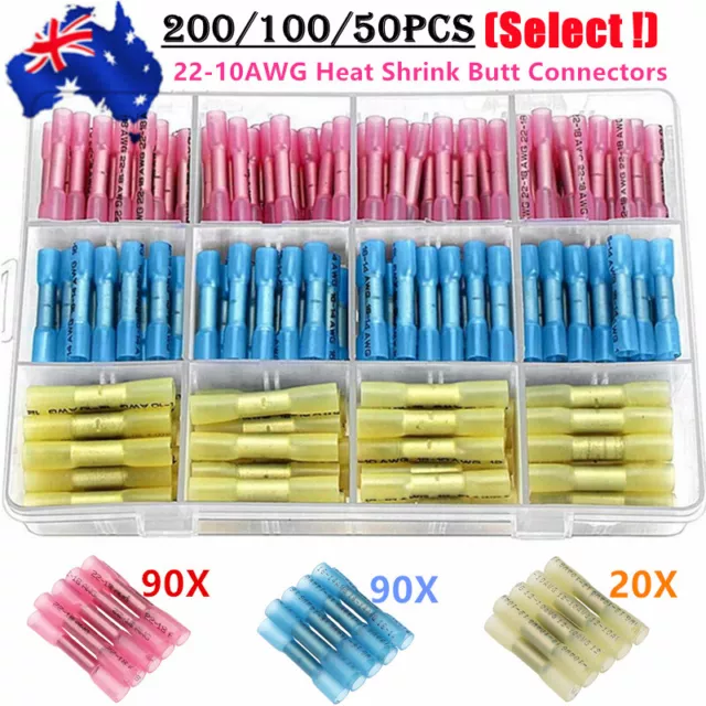 200PCS Insulated Heat Shrink Butt Crimp Terminals Kit Wire Connectors Waterproof