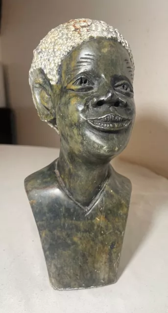 vintage carved African green soapstone stone sculpture statue tribal man bust .