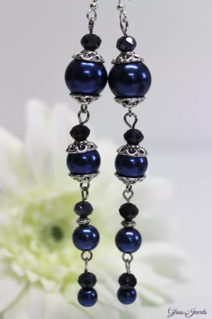 Glass Jewels Silber Ohrringe Ohrhänger Perlen Blau Party Boho Schwarz #LA028