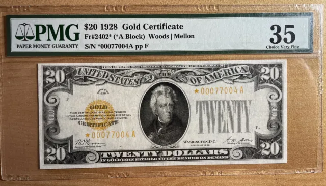 1928 $20 Gold Certificate Fr#2402 Star Note PMG 35 Choice Very Fine