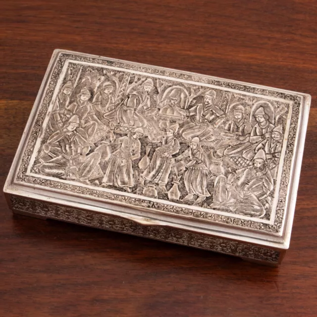 Heavy Middle Eastern Silver Cigarette Box Superbly Engraved Festive Banquet