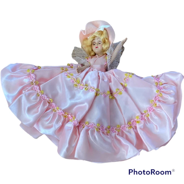 Vintage Girl Doll 8” Pink Dress Blonde Hair Felt Hat Movable Eyes