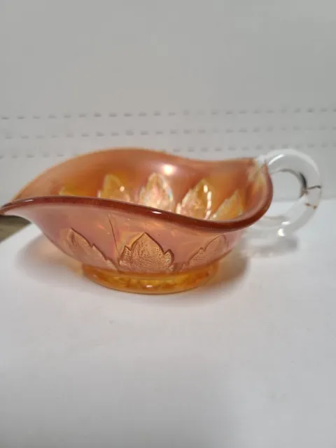 Vintage Dugan Carnival Glass Iridescent Orange Marigold One Handle Leaf Dish
