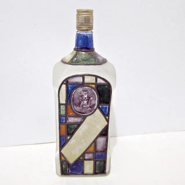 LARGE GILBEY BOTTLE WITH STAINED GLASS ART PROJECT DECORATION - 1970 Vintage