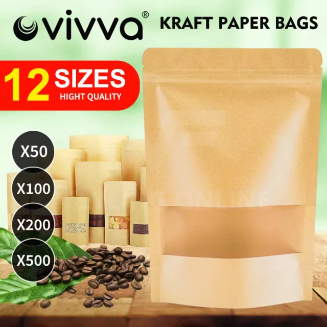 Kraft Paper Stand Up Pouches Bags Zip Zipper Lock Resealable Window Heat Seal