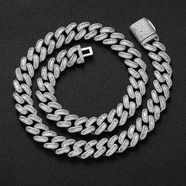 Glacé Out 18K 15MM Baguettes Cuban Gauche Chain Argent/Or Couverts Zircone A 2