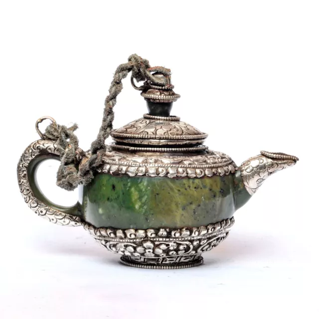 Old Tibetan Silver Jade Stone Tea Pot Kettle Water Metal Vessel Buddhist Nepal