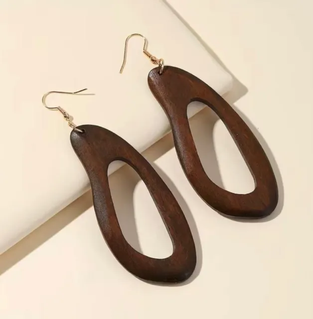 WOODEN SWINGING 60s Large Round Hoop Drop Earrings 70s 80s Boho Chic Wedding UK