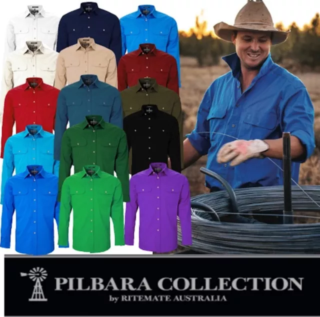 Ritemate Pilbara - Mens *Open Front Long Sleeve Cotton Work Shirt-Rm500Bt