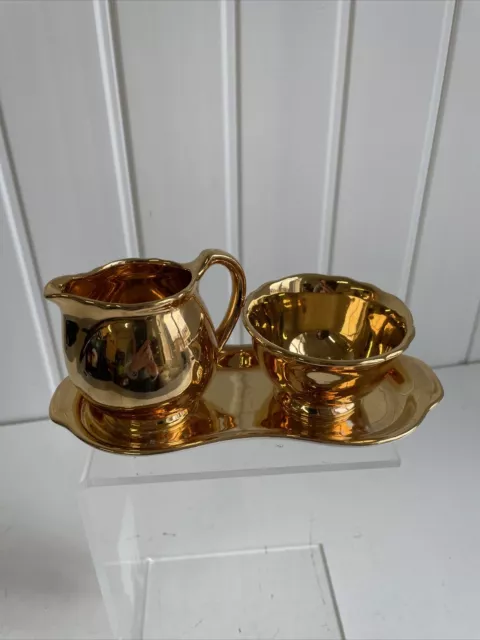 Crown Devon Gold Lustre Sugar Bowl & Creamer On Stand BU