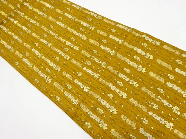 6567015: Japanese Kimono / Antique Nagoya Obi / Woven Stripe & Floral Plants