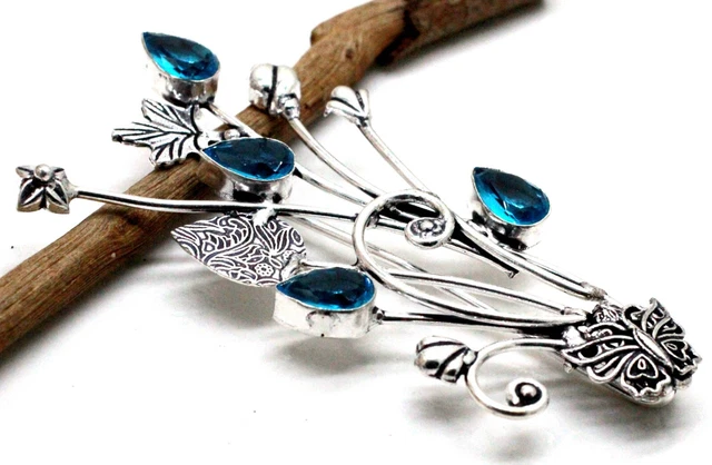 925 Sterling Silver Swiss Blue Topaz Gemstone Handmade Jewelry Brooch Size-2.50"