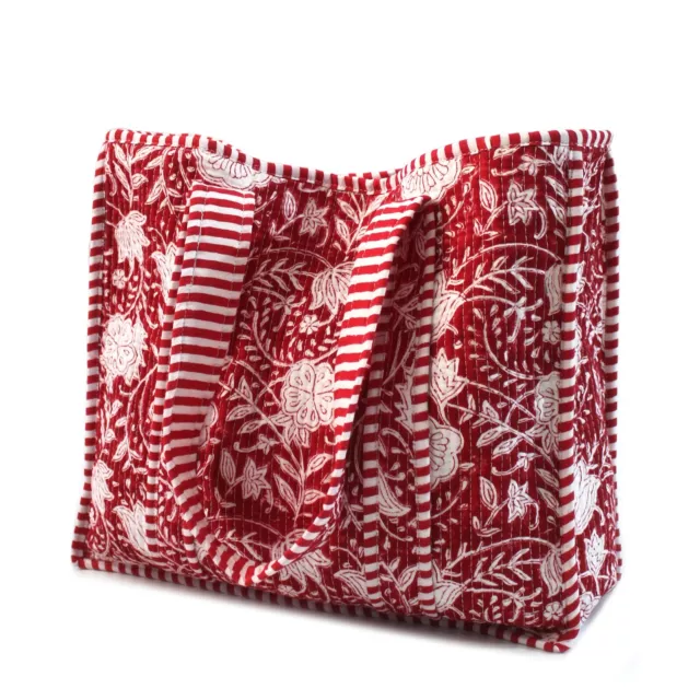 Red Floral Quilted Hand Bags Purse hand block Reversible Kantha Tote Hobo Bags
