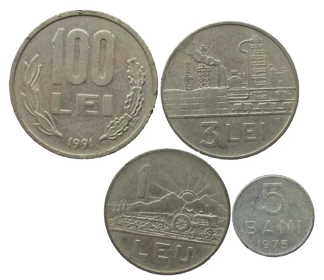 Rumänien Lot von 4 Münzen : 100, 3 ,1 Lei & 5 Bani  1963-1991