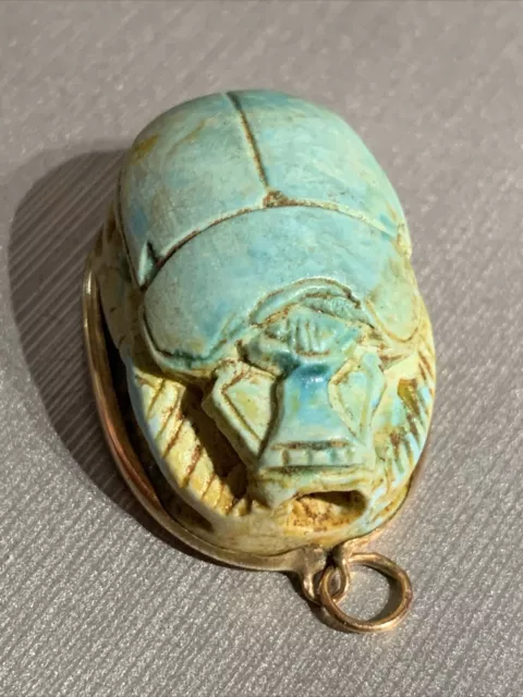 14k Gold Antique Egyptian Faience Scarab Pendant Carved Green