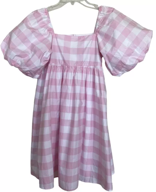Janie And Jack Dress Girls Size 14 Pink White Gingham Plaid Puff Sleeves Lined