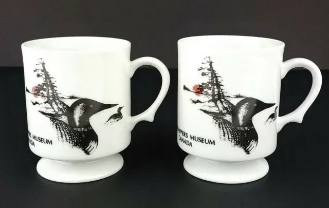 Set of 2 Vintage Loon Motif Footed Mugs "The Trappers Museum" Thunderbird Canada