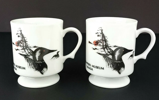 Set of 2 Vintage Loon Motif Footed Mugs "The Trappers Museum" Thunderbird Canada