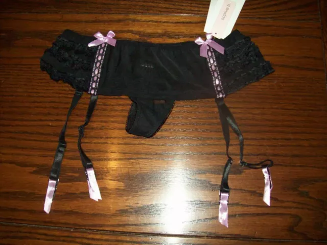 Nwt Sophie B Mesh Thong Garter Belt Ruffle Trim Black 121919 S M