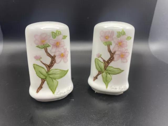 Vintage Ceramic Hand Painted Pink Floral Salt & Pepper Shakers Signed
