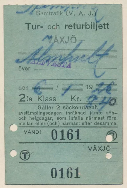 SWEDEN Railway ticket Vaxjo Alfvesta Rwy 1926 2nd class from Vaxjo QYB1121