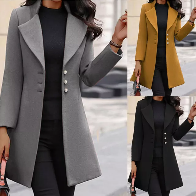 Womens Wool Blend Lapel Collar Trench Outwear Fashion Slim Fit Warm Overcoat