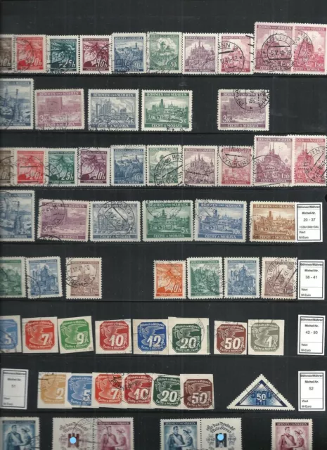 Böhmen & Mähren, 50 verschiedene Briefmarken mit Dienst-/Portomarken, o/*/**