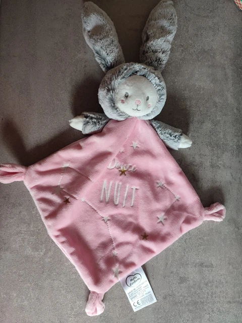 Mots d'enfants Doudou Plat Ours Rose Déguisé en Lapin phosphorescent 