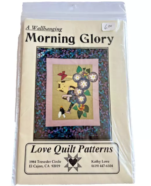 Love Quilt Patterns Morning Glory Wall Hanging 23"x28" Cat Floral Purple Vintage