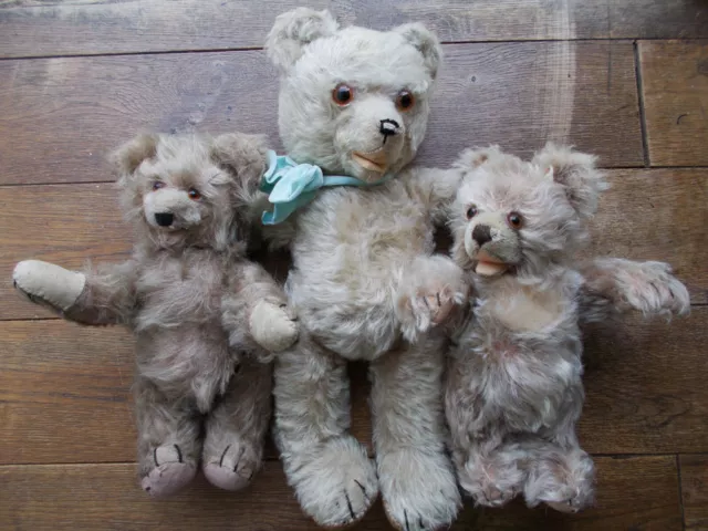 3 Well Loved Antique Mohair Open Mouth Teddy Bears~2 Fully Jointed~Glass Eyes