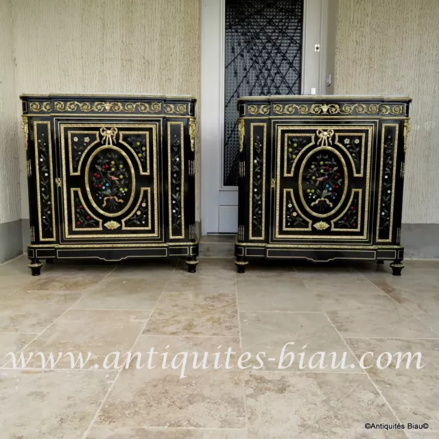Pair of Cabinets with Pietra Dura marquetry 19th Napoléon III period Boulle