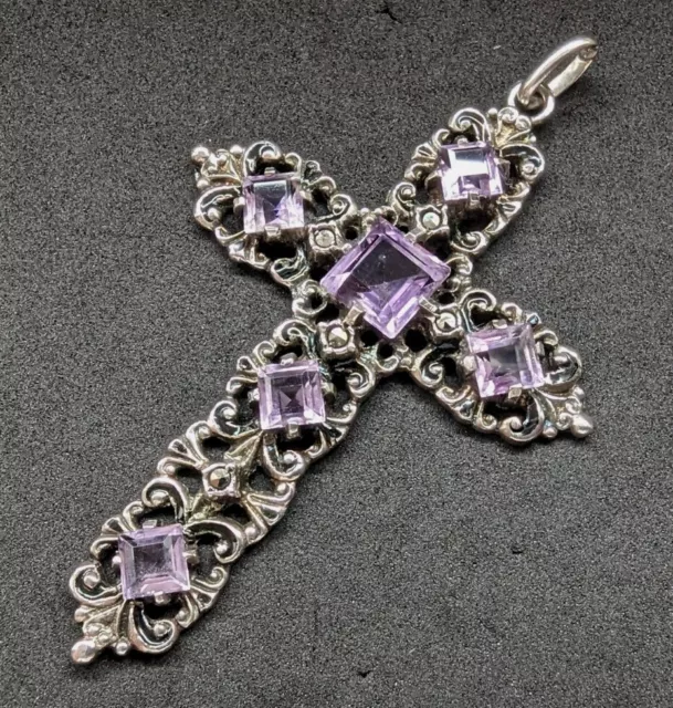 Antiker Art Deco Jugendstil Kreuz Anhänger Amethyst Markasit Silber 935 c. 1920 3