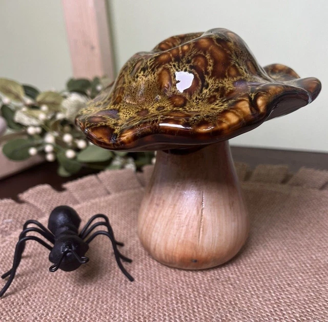 Whimsical Yellow Brown Glaze Top Ceramic Mushroom Garden Pottery 6" HL33