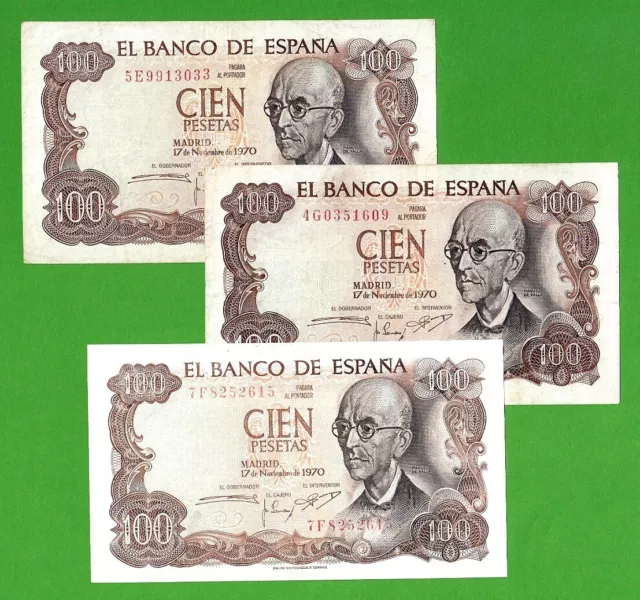 España - 100 Pesetas 1970 - Lote 3 Billetes - De Mbc. A Ebc. -  Originales.