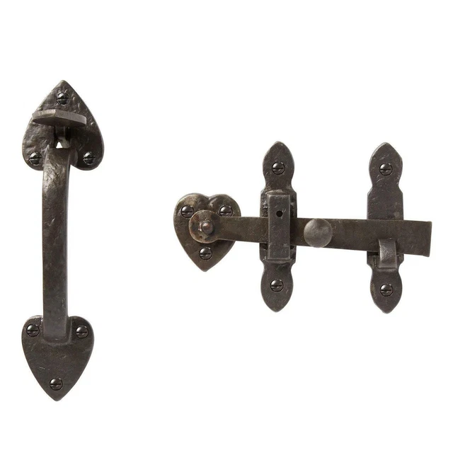 2x Signature Hardware Cast Iron Heart Gate Rim Handle Set, Beeswax Iron 2-Sets