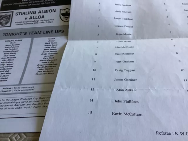 1999/00 Stirling Albion v Alloa Challenge Cup Semi Final and team sheet