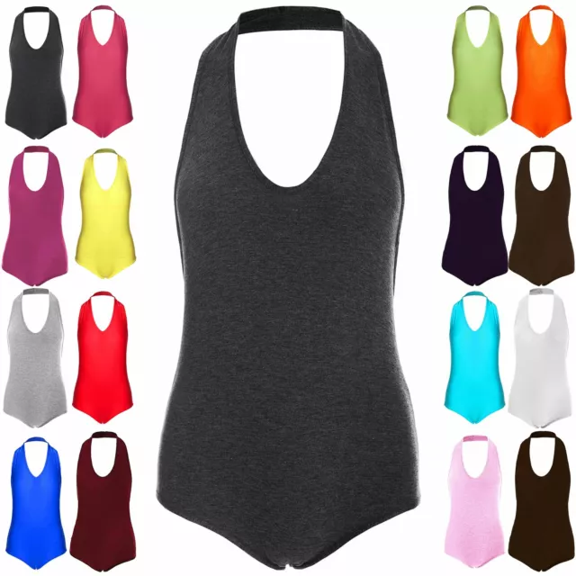 Damen Damen Body ärmellos Neckholder Ausschnitt Tauchen dehnbar Basic Trikot Tops