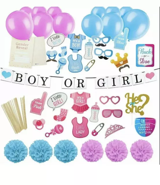 Baby Gender Reveal Party Decorations Balloons, Photo Booth Props (70 pieces set)