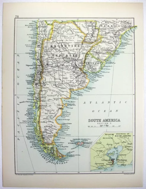 Original 1893 Map of Chile, Argentina & Uruguay b/w Brazil and Guyana. Antique