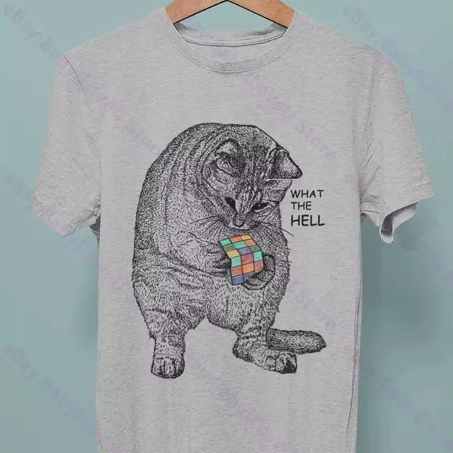What The Hell T Shirt Funny Cat Animal Vintage illustration Geek Nerd Men Tshirt