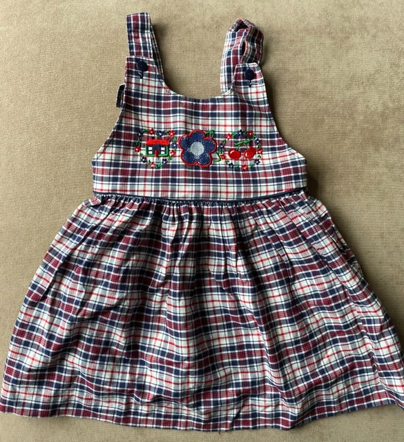 Abito St Michaels M&S bambina tartan ricamato Pinafore 12-18 Mt vintage