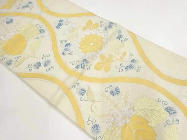 6840417: Japanese Kimono / Antique Fukuro Obi / Woven Kiku & Paulownia
