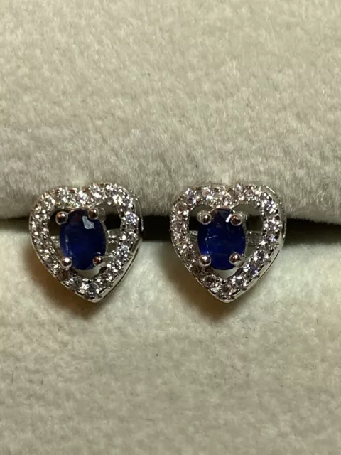 925 Sterling Silver Natural Blue Sapphire Zirconia Diamonds Heart Stud Earrings