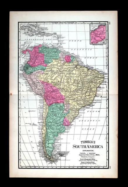 1886 Tunison Map South America Brazil Argentina Peru Colombia Uruguay Chile Rio