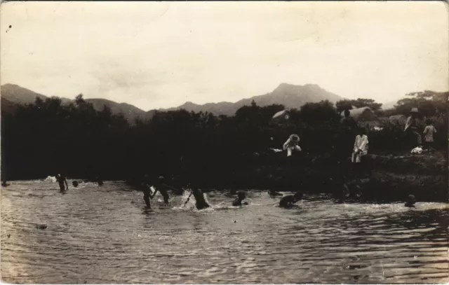 PC CHINA, WHITE SHARK WHITE, BOYS SWIMMING, Vintage REAL PHOTO Postcard (b33866)