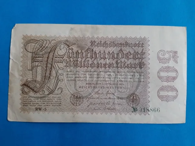 1 x 500 Millionen Mark Reichsbanknote /  Banknote Geldschein von 1923 *