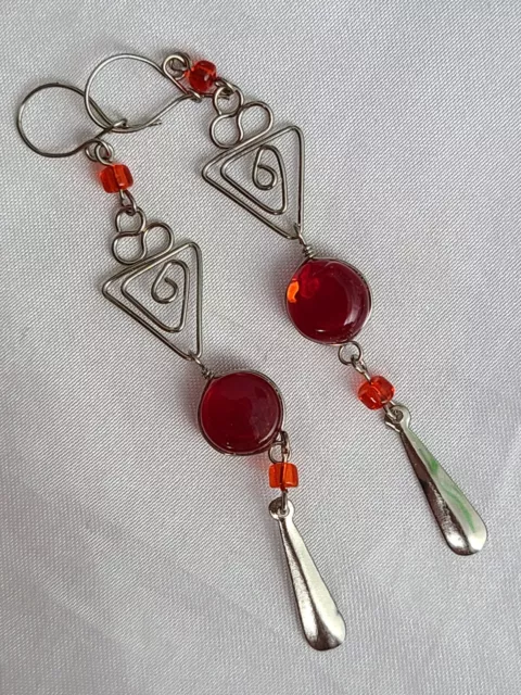 PERU Silver 70mm RED Dangle Bead Drop Tribal Charm Earrings Gift Jewellery E81