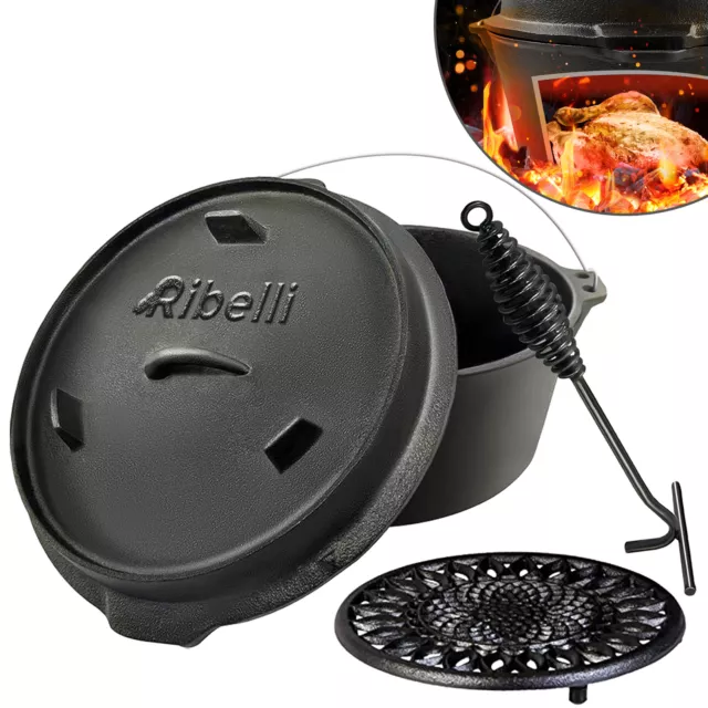Dutch Oven Gusseisen Topf Gusstopf Feuertopf Schmortopf Kochtopf 9,5 Liter Grill