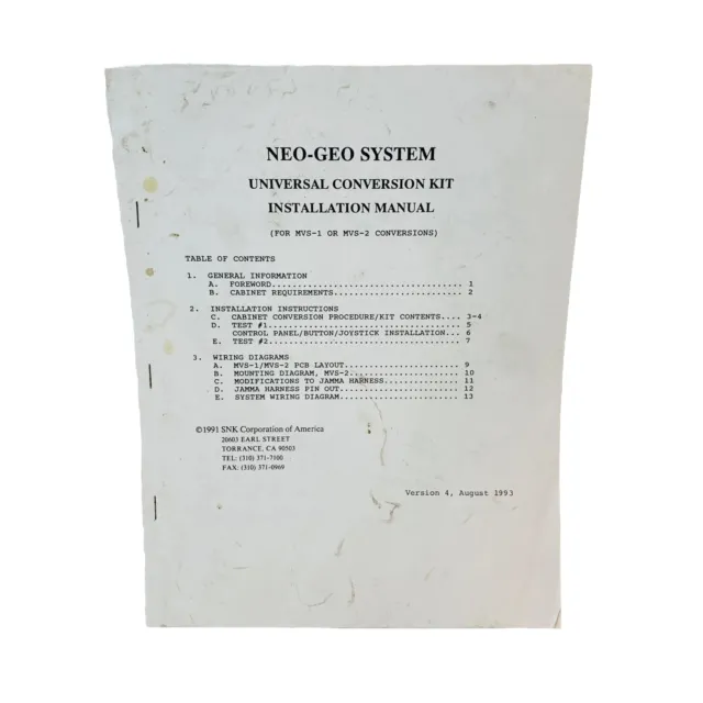 Neo-Geo System Universal Conversion Kit Installation Manual MVS-1 MVS-2 SNK 1993